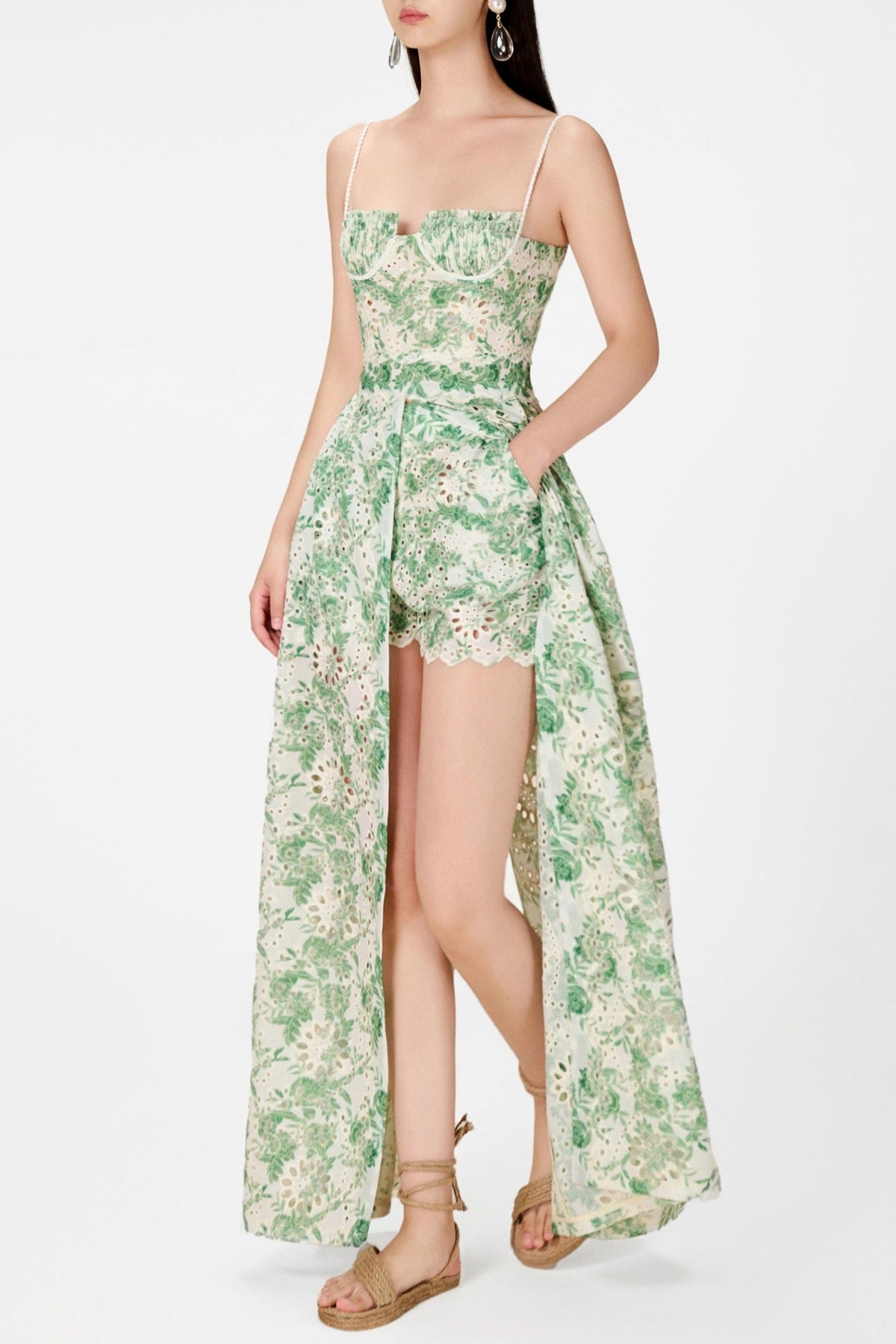 Abetzi Floral Embroidered Shorts & Maxi Dress Set - Green Flowering Girl