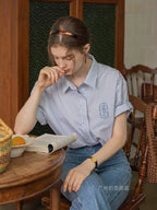 Blue Embroidery Casual Versatile Short Sleeve Striped Shirt Flowering Girl