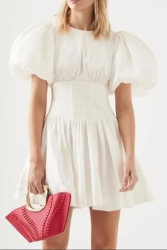 Puff Sleeve Mini Dress In White Flowering Girl