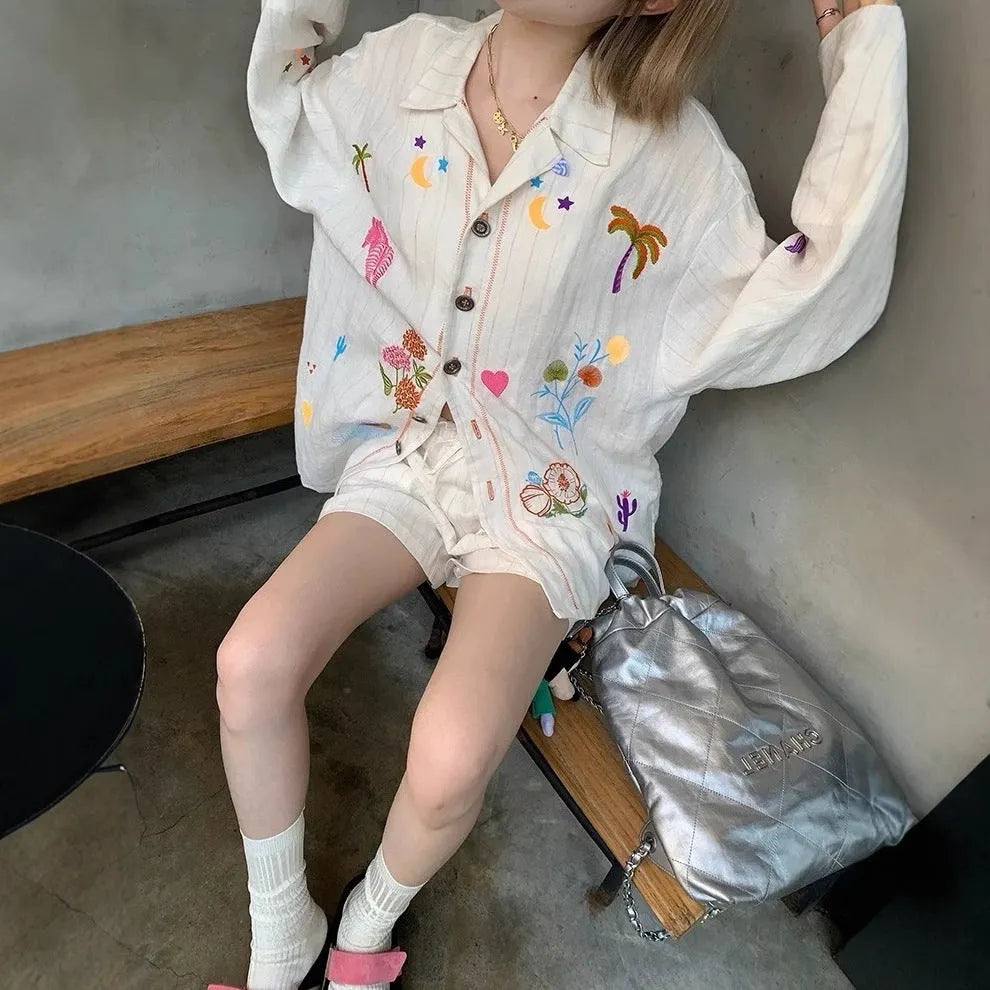 White Embroidery Cotton Linen Long Sleeve Shirt Flowering Girl