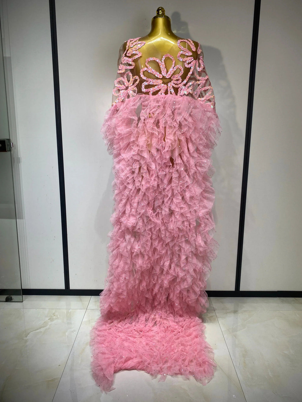 Sparkly Mesh See Through Maxi Dress In Pink Flowering Girl