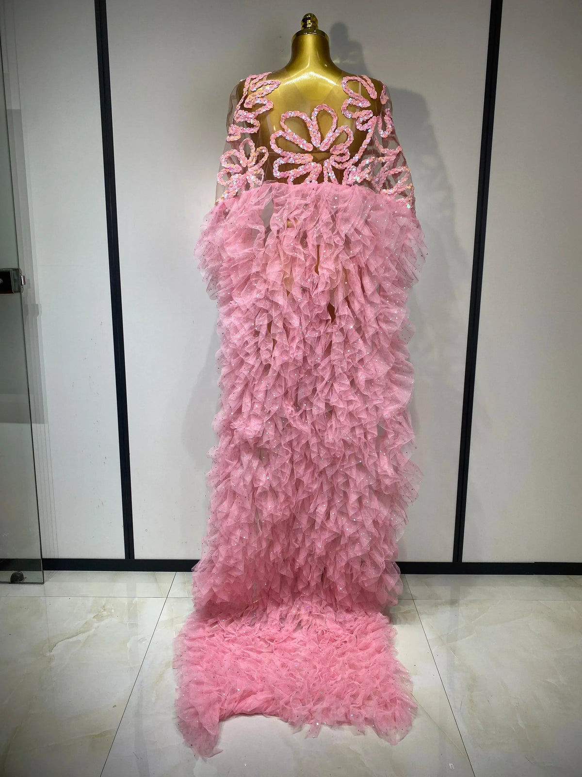 Sparkly Mesh See Through Maxi Dress In Pink Flowering Girl
