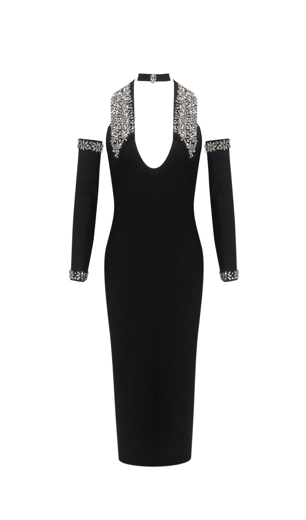 Jeneal Black Halter Diamante Midi Bandage Dress Flowering Girl