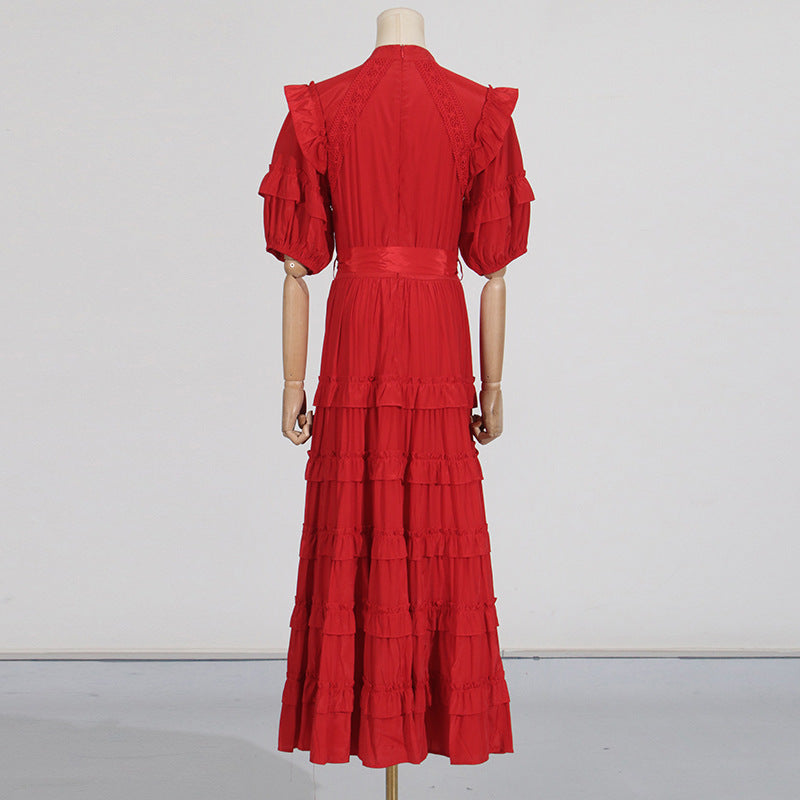 Lace ruffle trim layer midi dress in red Flowering Girl