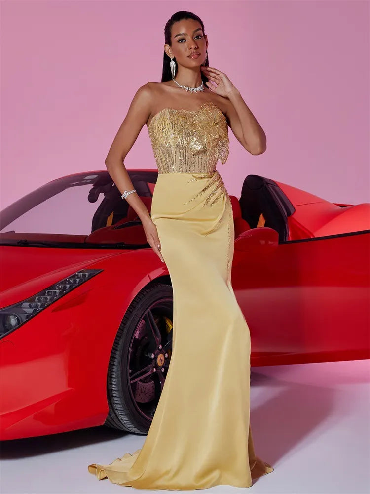 Mayson Gold Strapless Flower Sequin Gown Flowering Girl