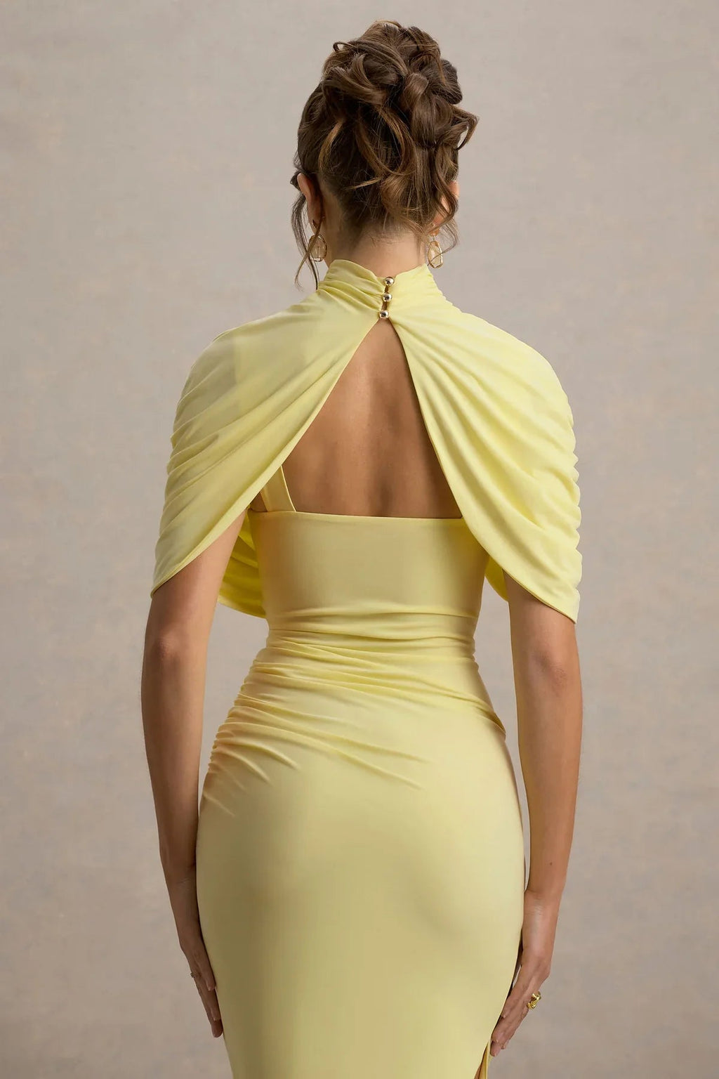Asymmetric Cape Ruched Midi Dress - Yellow Flowering Girl