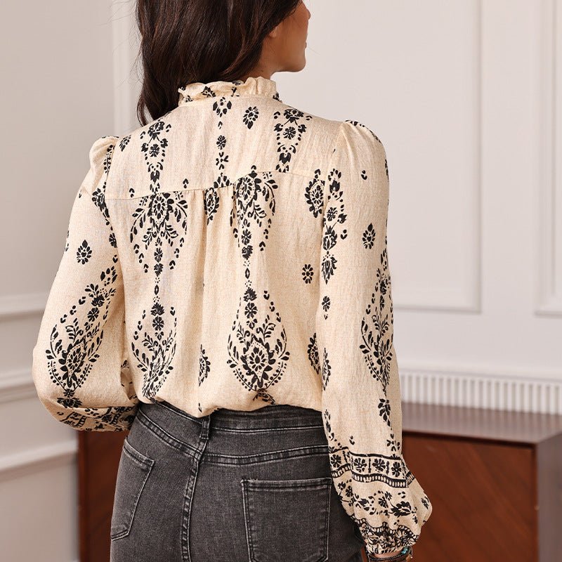 Bohemian Print Shir Stand-Up Collar Fungus Edge Flowering Girl