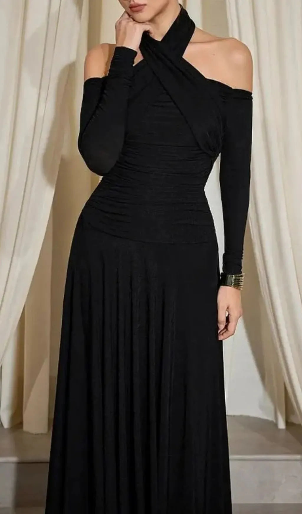Monica Cross Shoulder High Neck Maxi Dress In Black Flowering Girl