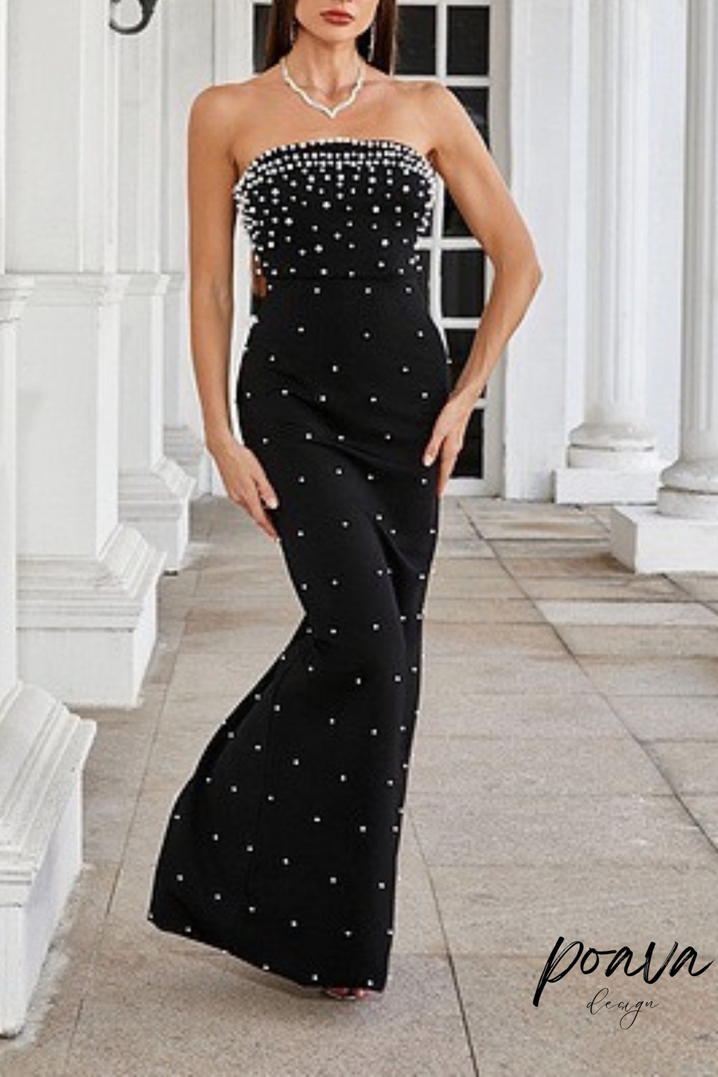 Pearl-Embellished Strapless Gown In Black Flowering Girl