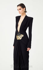 Black Stretchy Gold Flower Embroidered V-Neck Long Sleeved Maxi Dress Flowering Girl