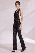 Black Sheer Floral Lace Cowl Halter Jumpsuit Flowering Girl