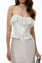 Strapless Ruffle Lace Trim Velvet Jacquard Corset Top Flowering Girl
