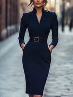 Refined Black Belted Sheath Dress With Mandarin Collar Flowering Girl