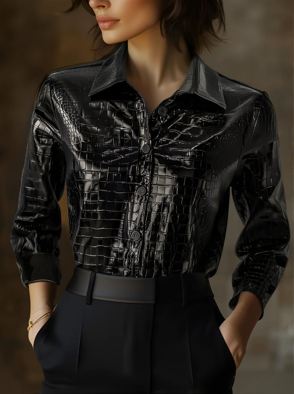 Glossy Black Crocodile Embossed Shirt Flowering Girl