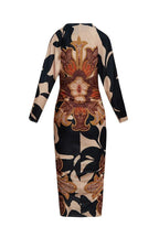 Unique Print Dolman Long Sleeve Ruched Slit Midi Dress Flowering Girl
