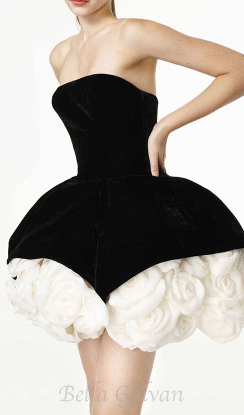 flower-embellished-hem black strapless mini dress Flowering Girl