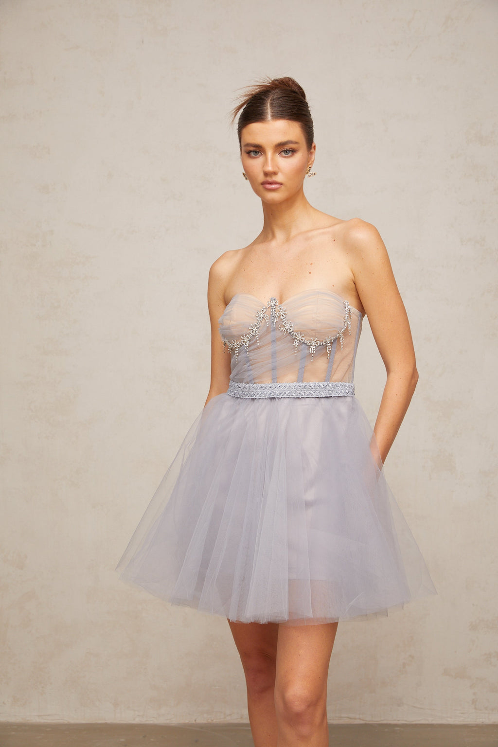Madeline Grey Embellished Puff Tulle Mini Dress Flowering Girl