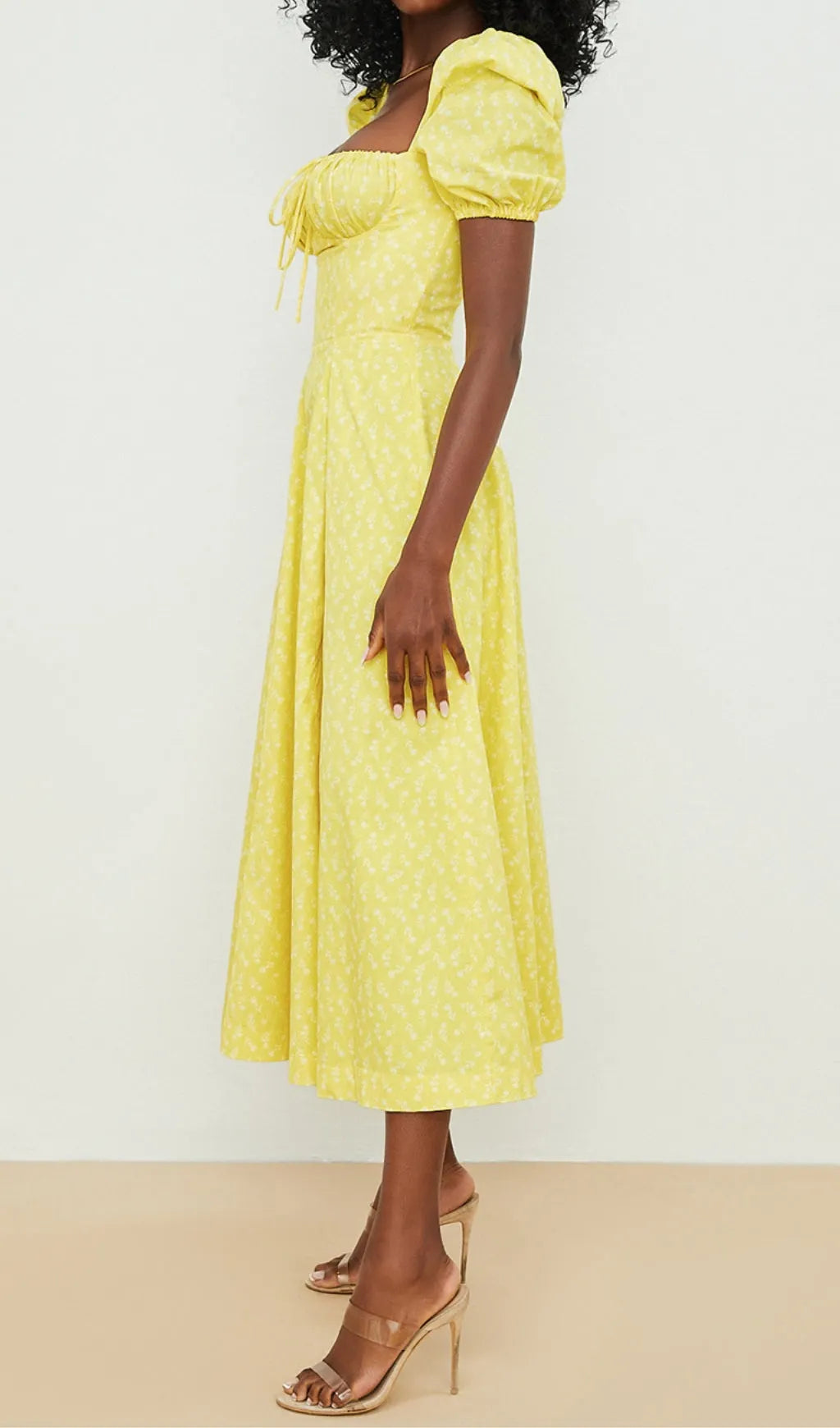 Vintage Floral Puff Sleeve Midi Dress In Yellow Flowering Girl