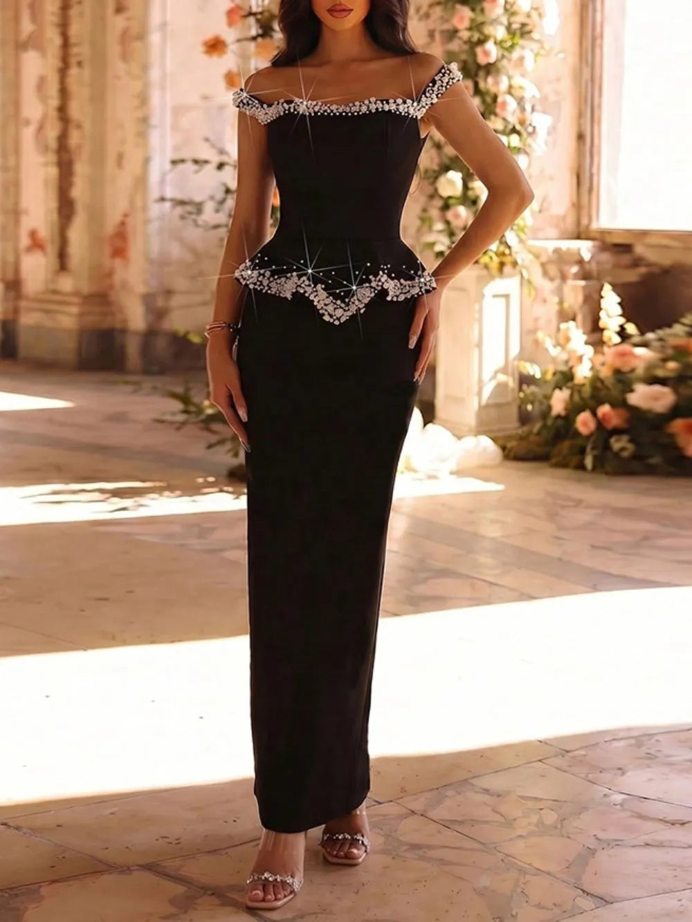 Crystal Pearl Peplum Detail Maxi Dress Black Flowering Girl