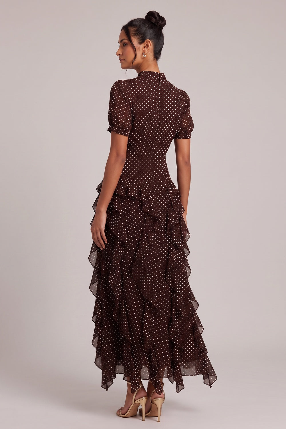 Brown Polka Dot Tiered Ruffle Midi Dress Flowering Girl