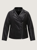 Lapel Collar Asymmetric Zipper Pocket Biker Jacket Flowering Girl