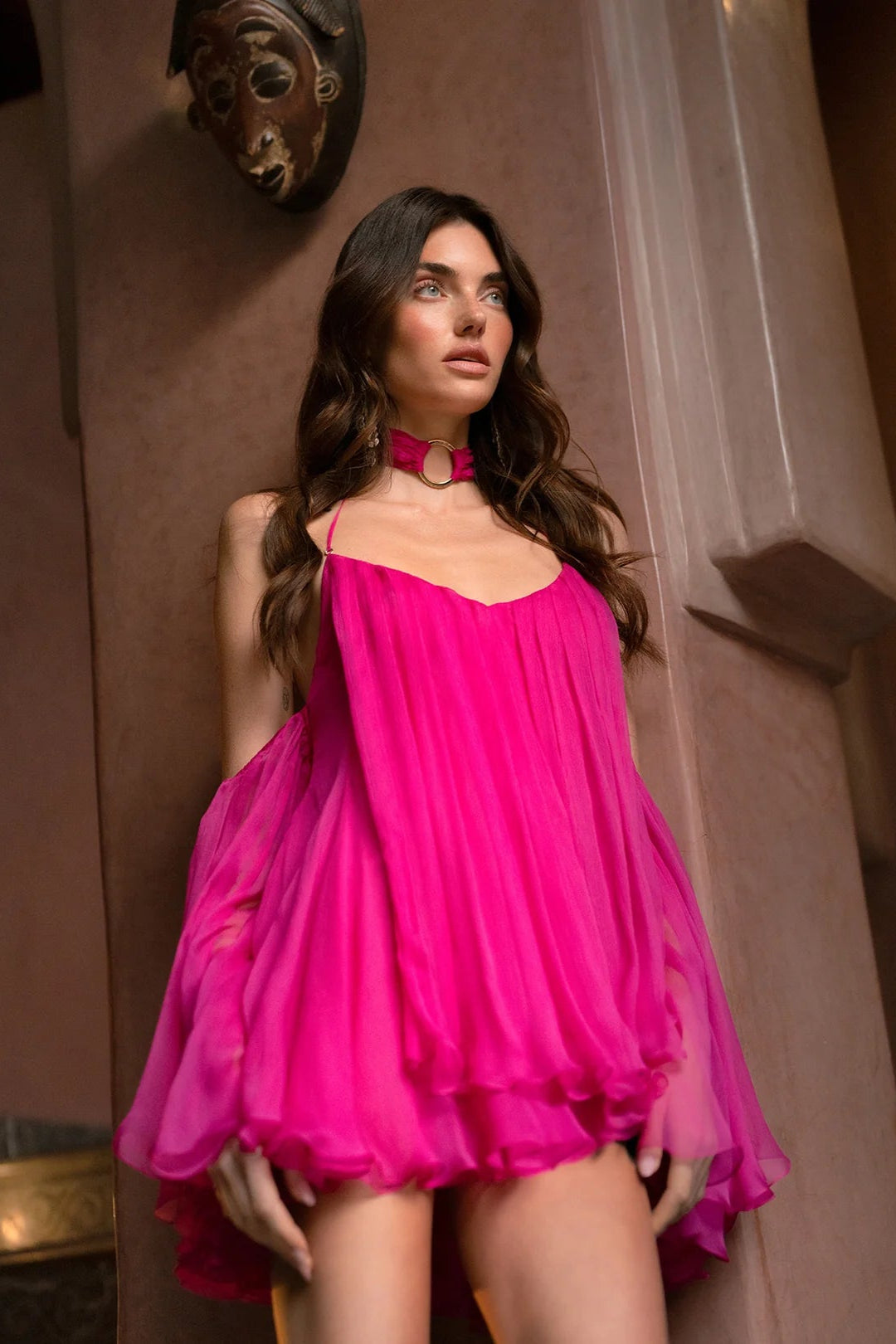 Erica Halter Neck Lace-Up Backless Mini Dress - Fuchsia Flowering Girl
