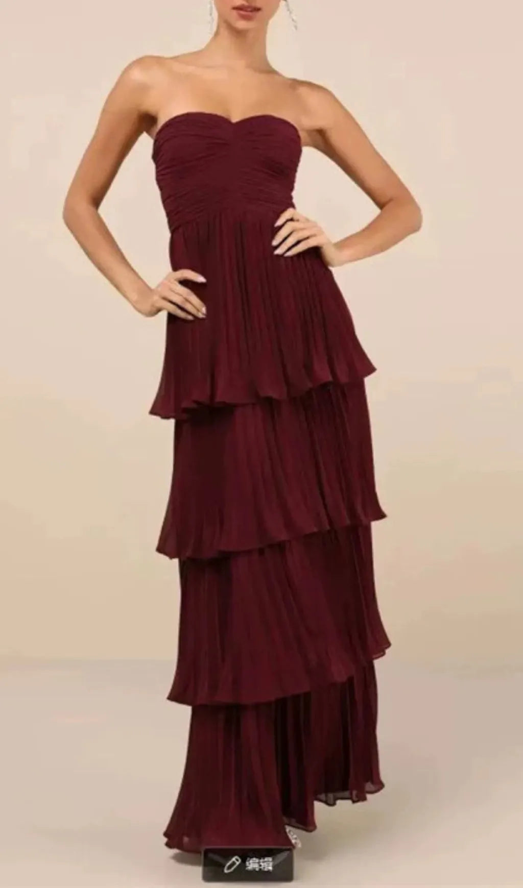 Ensio Wine Strapless Pleated Maxi Dress Flowering Girl