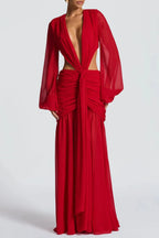 Roniny Cutout Chiffon Draped Maxi Dress - Red Flowering Girl