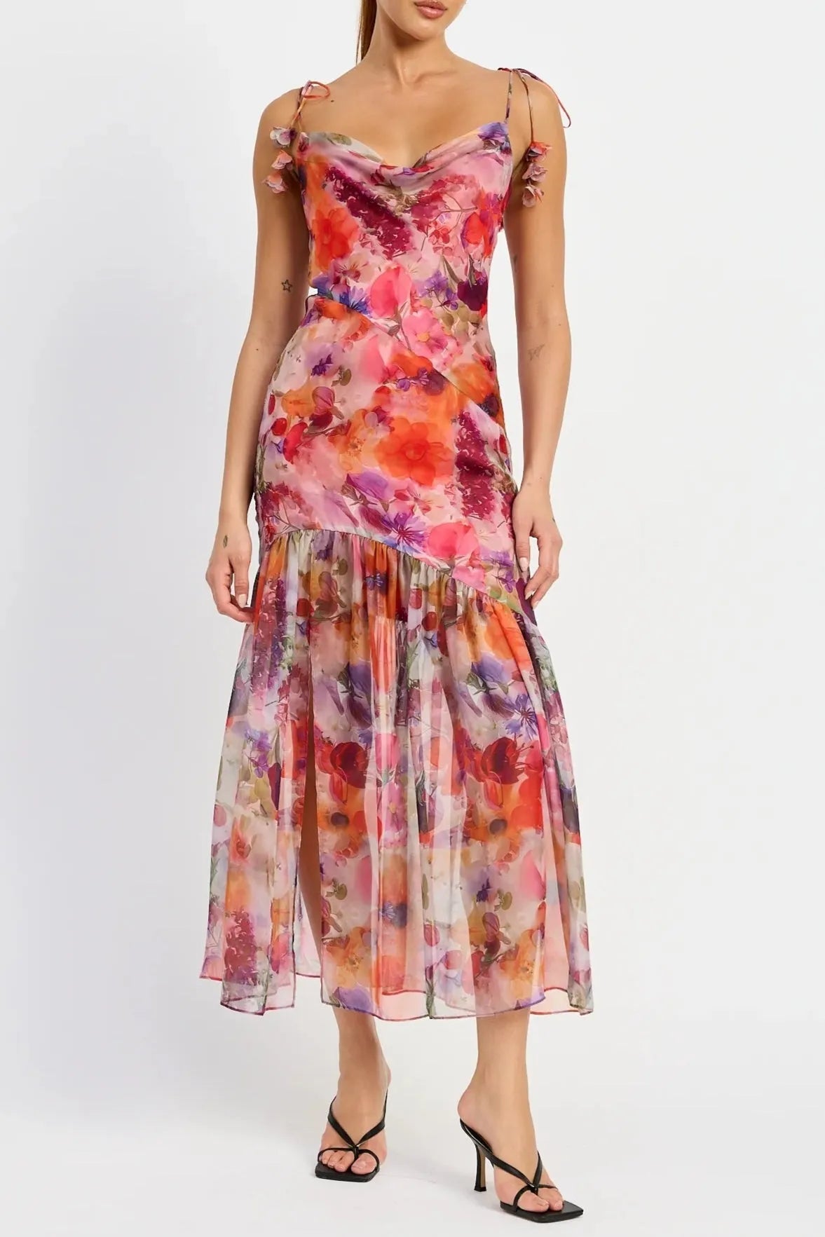 Red Multi Floral Tie Strap Midi Dress Flowering Girl