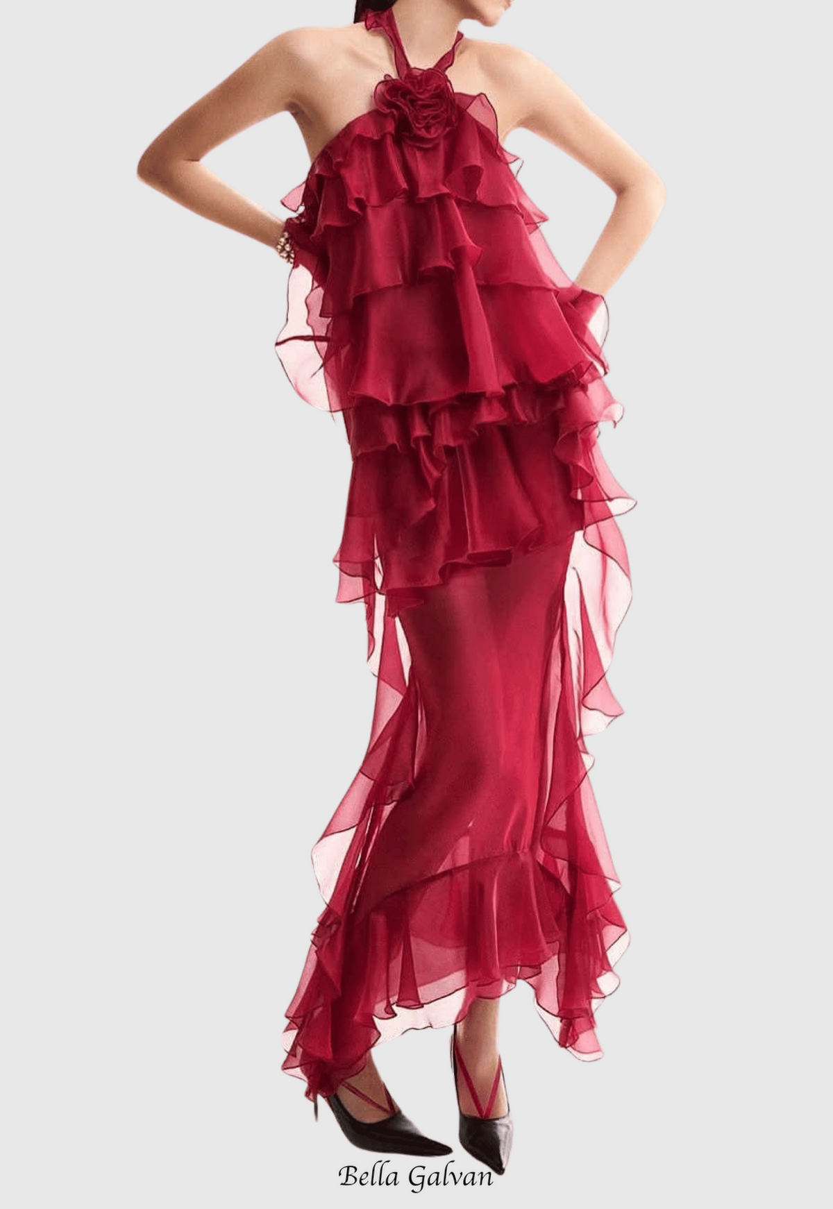 eunice Floral Halter Chiffon Ruffle Midi Dress in red Flowering Girl