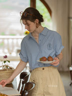 Blue Embroidery Casual Versatile Short Sleeve Striped Shirt Flowering Girl