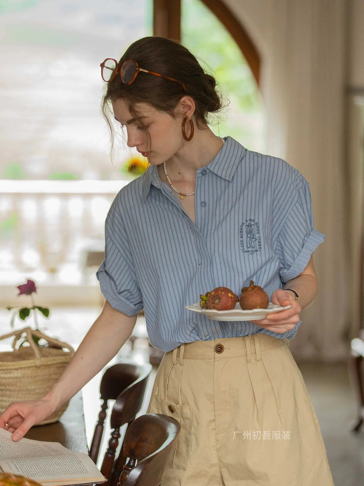Blue Embroidery Casual Versatile Short Sleeve Striped Shirt Flowering Girl