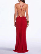 Lorysa Backless Cutout Maxi Dress In Red Flowering Girl