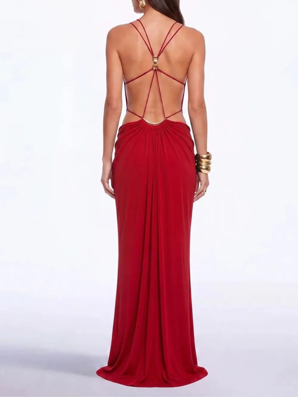 Lorysa Backless Cutout Maxi Dress In Red Flowering Girl