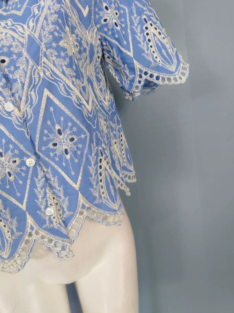 Blue & White Embroidered Puff Sleeve Lace Blouse Flowering Girl