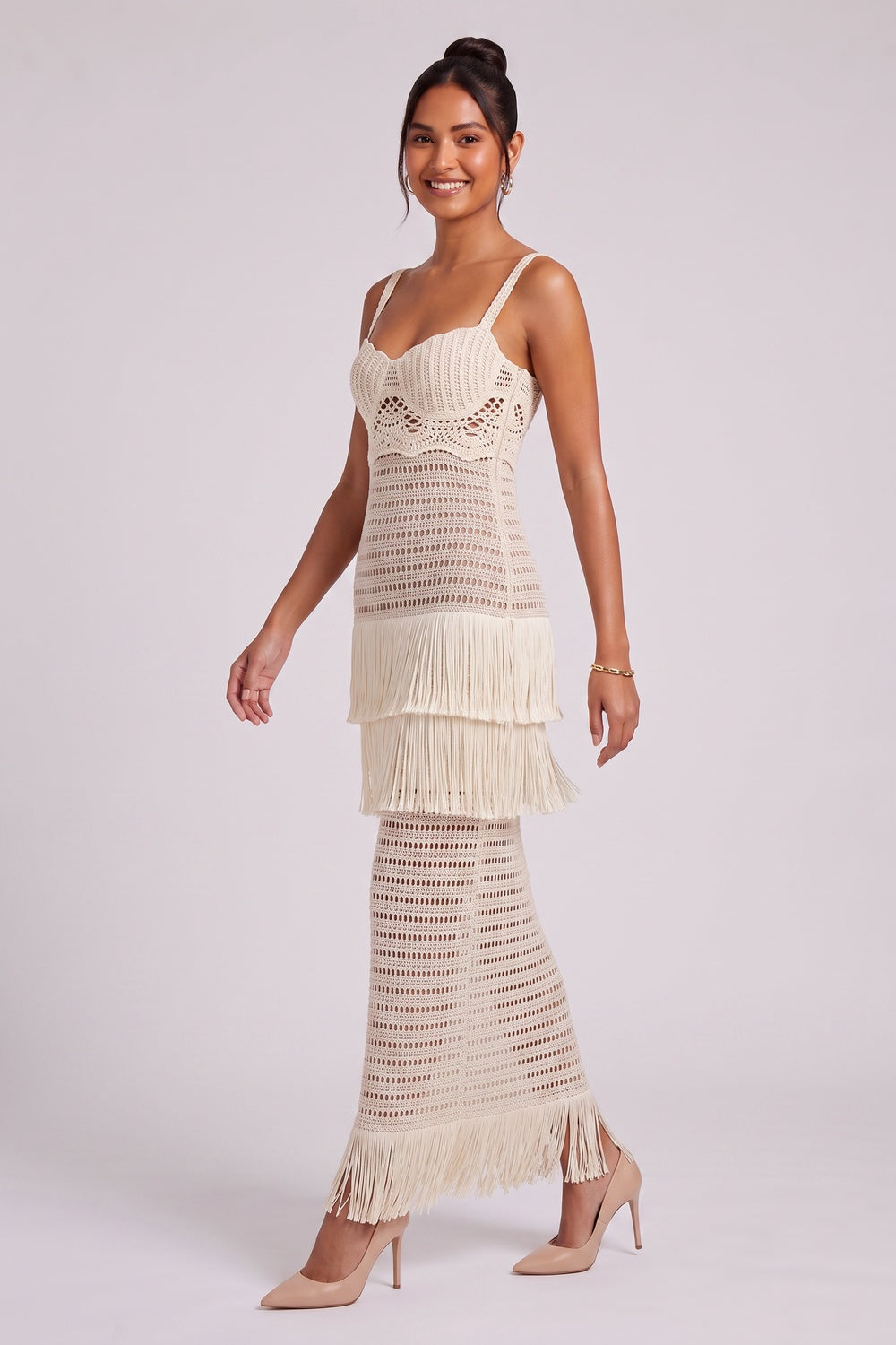 Cream Crochet Knit Column Dress Flowering Girl