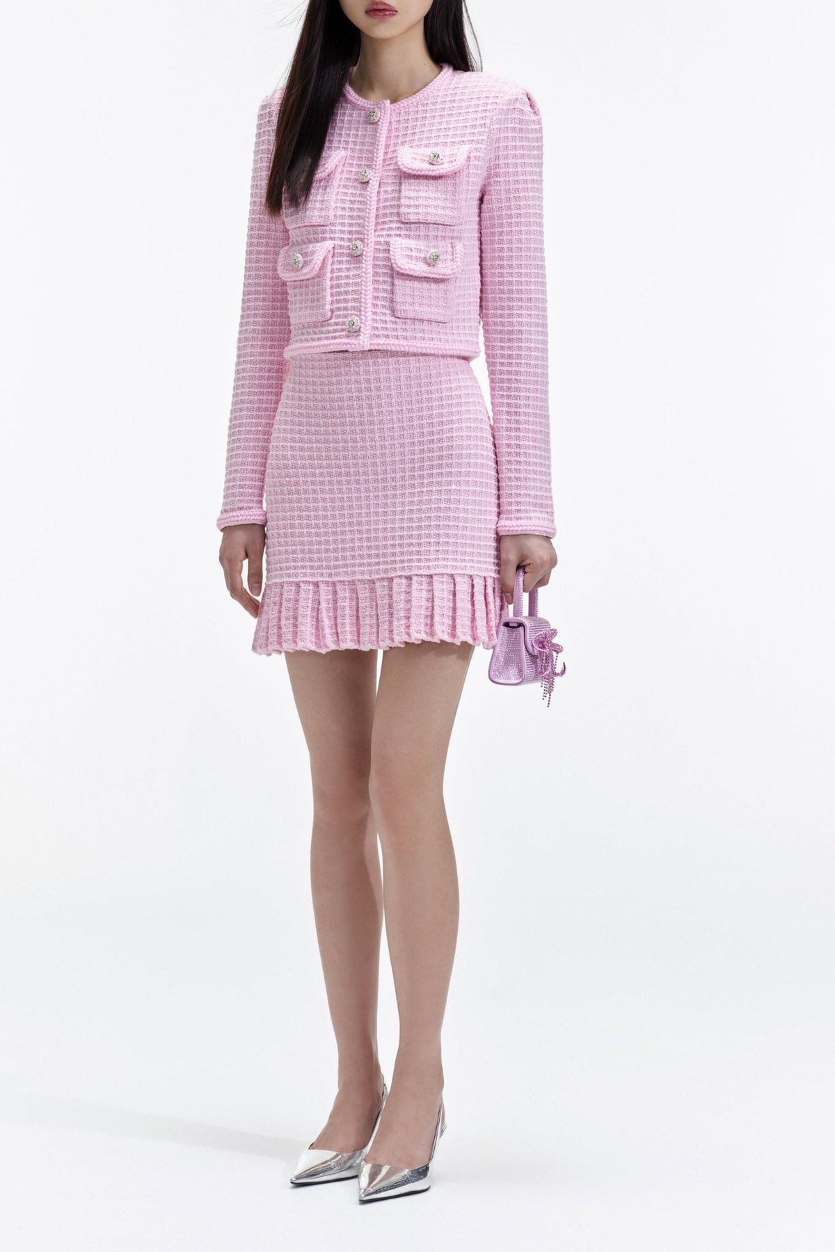 Pink Sequin Textured Knit Jacket Flowering Girl