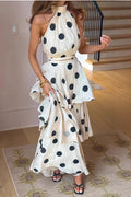 Polka Dot Print Halterneck Sleeveless Top Skirt Set Flowering Girl