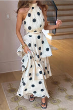 Polka Dot Print Halterneck Sleeveless Top Skirt Set Flowering Girl