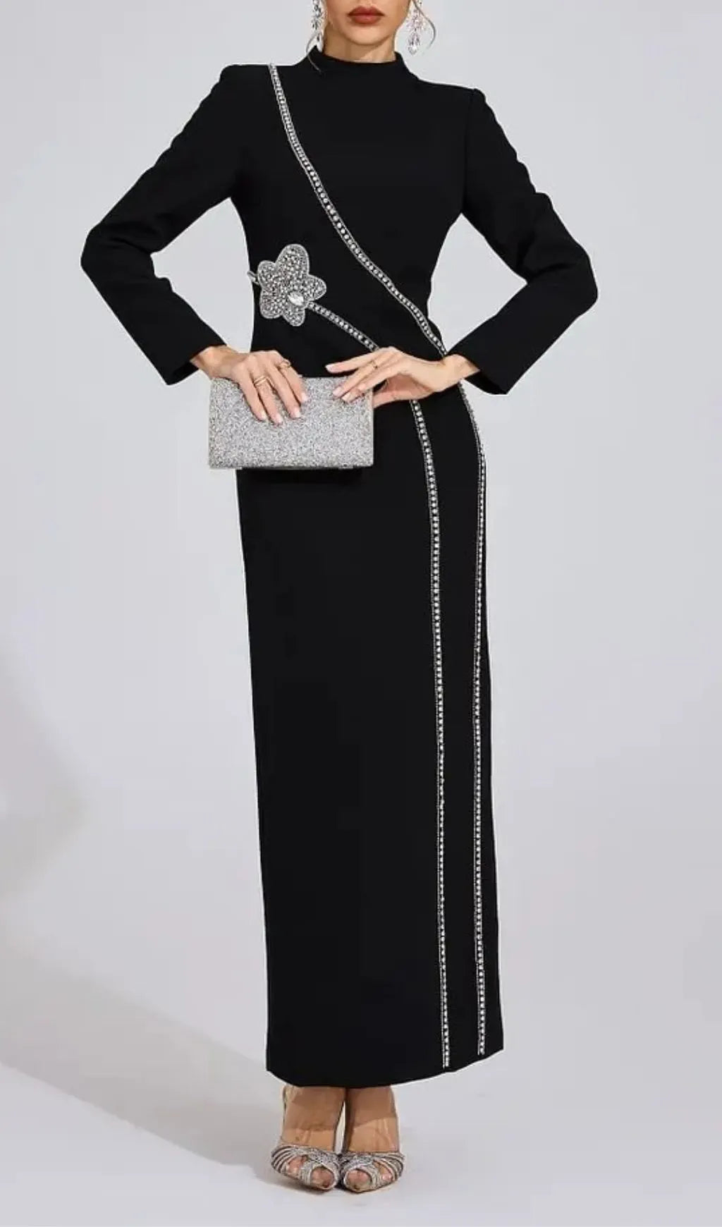 Nicola Diamond Embellished Long Sleeve Maxi Dress - Black Flowering Girl