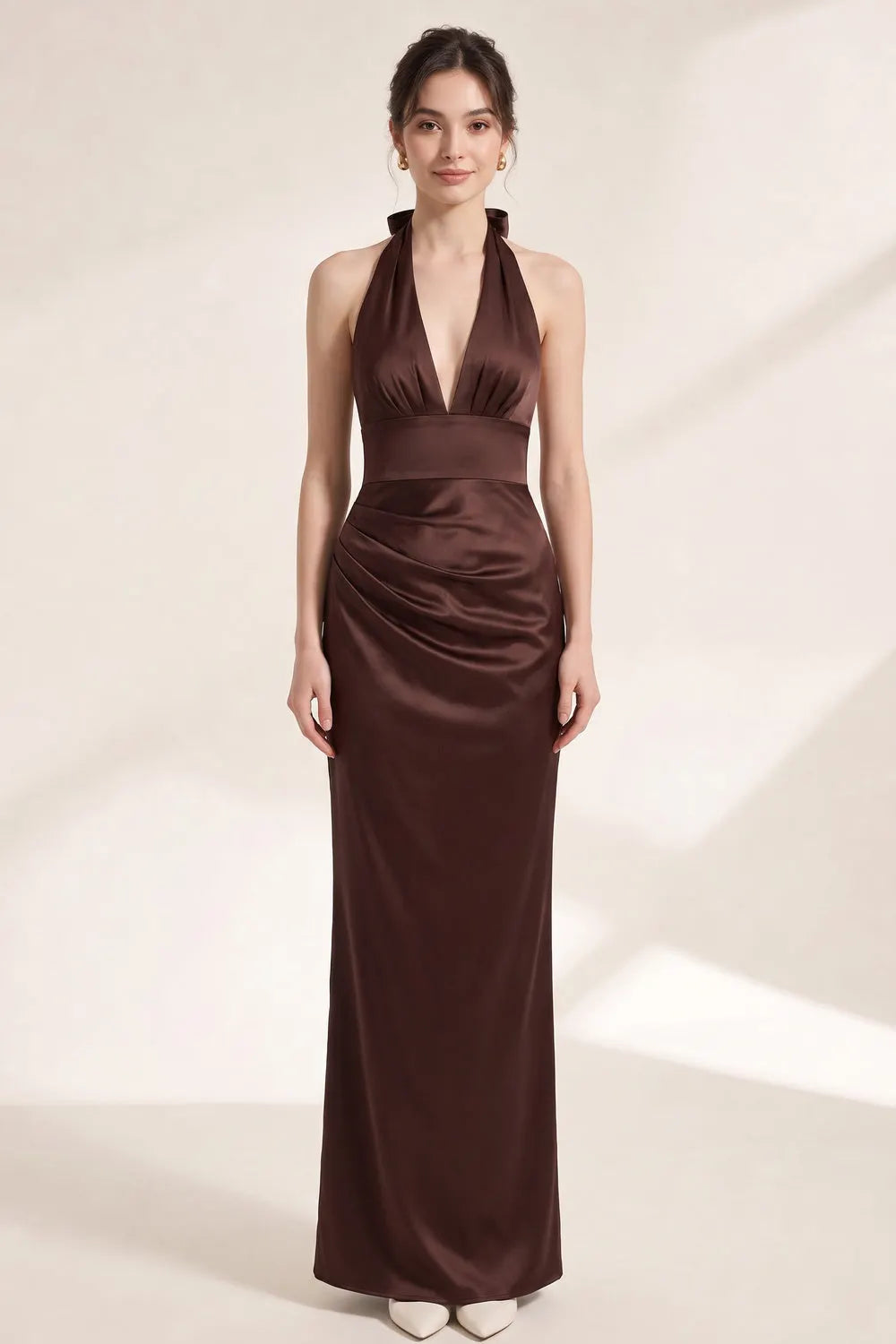Chocolate Brown Satin Fitted Column Gown Flowering Girl