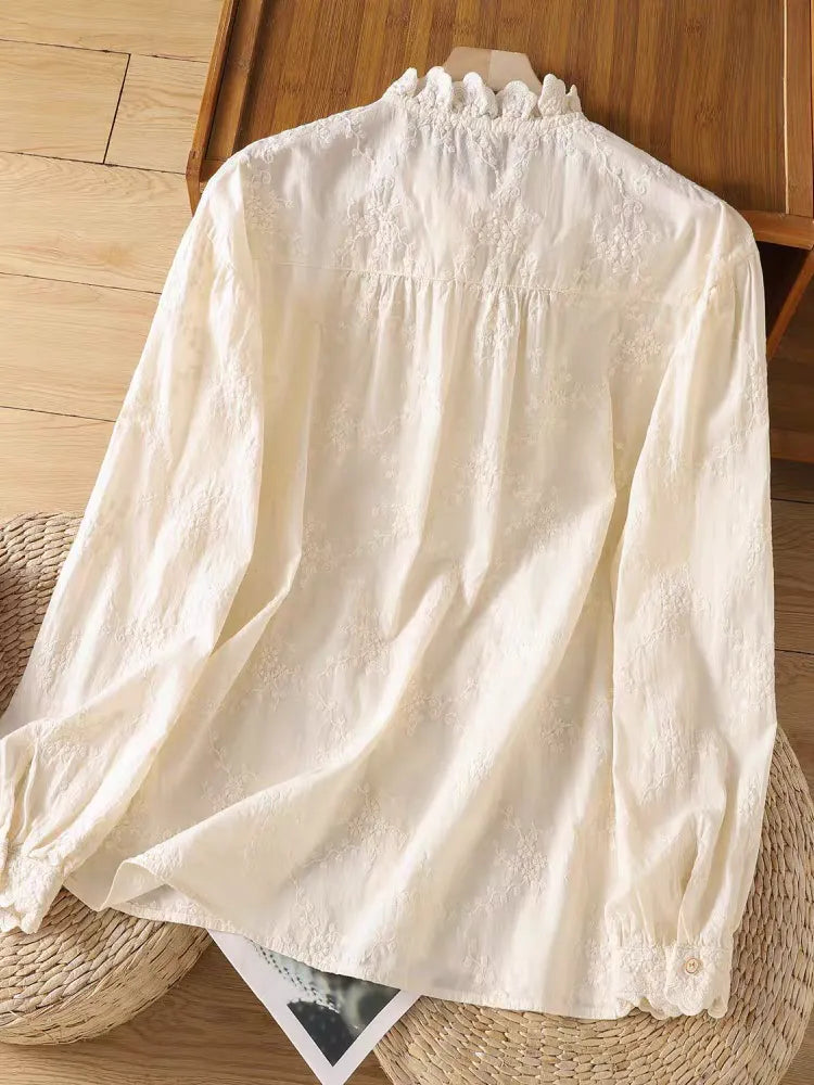 Xaviera Classic Ruffle Collar Hollowed Embroidered Top Flowering Girl