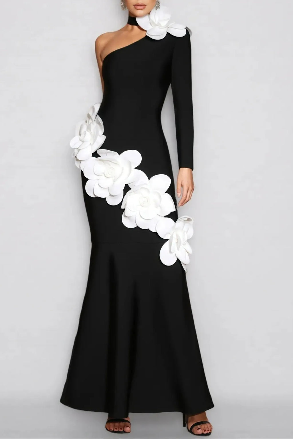 Gemma One Shoulder 3D Flower Bandage Maxi Dress In Black Flowering Girl