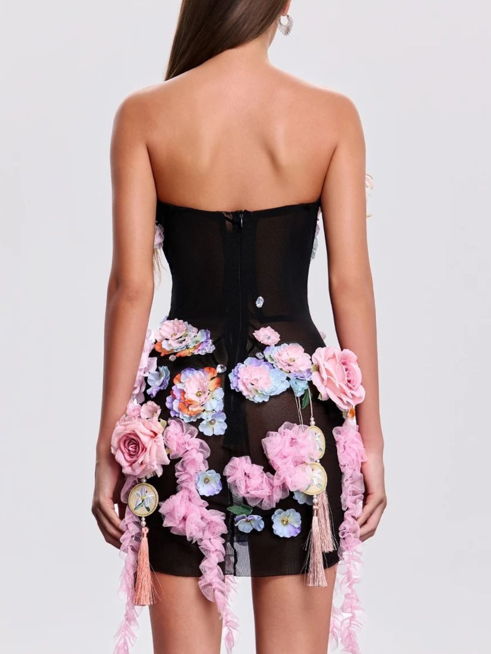 Jaldex Strapless Flower Mini Dress In Black Flowering Girl