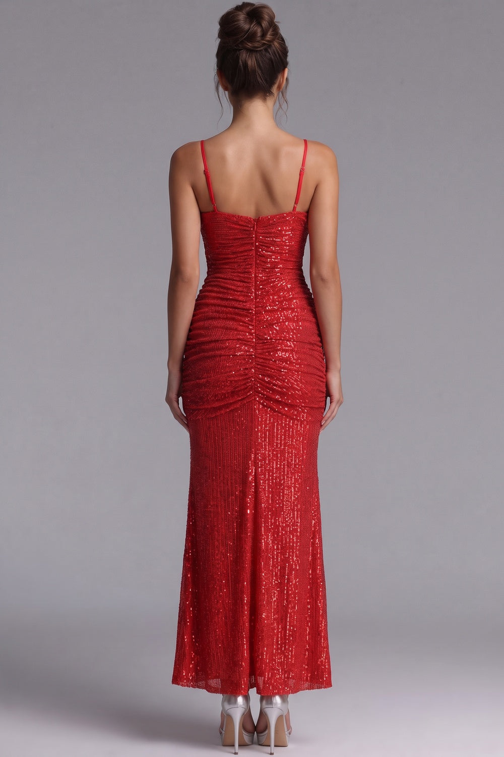 Red Sequined Mesh Bodycon Column Evening Gown Flowering Girl