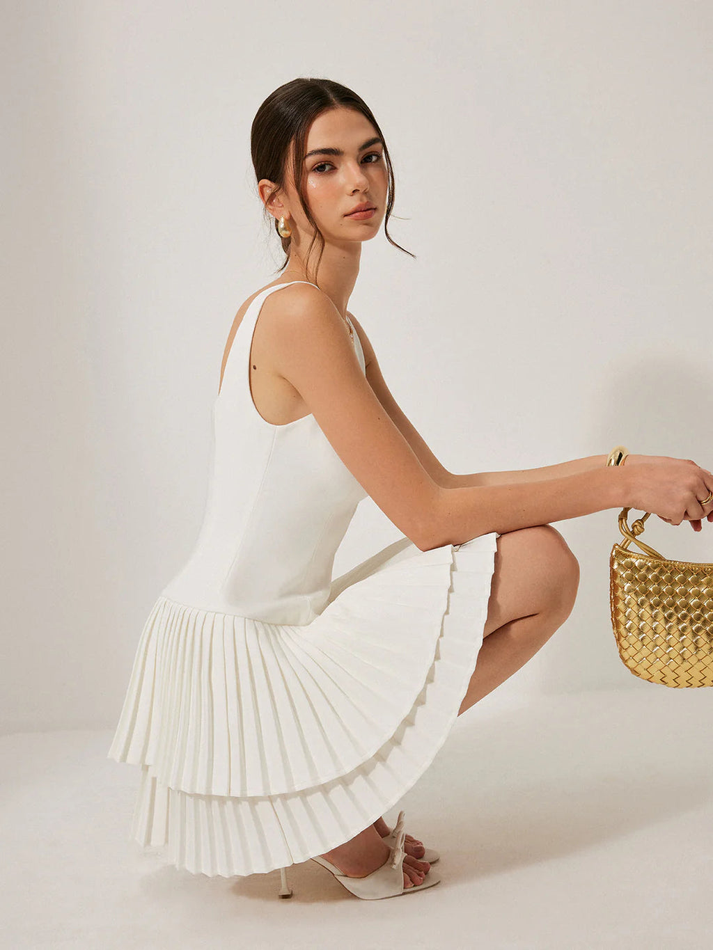Square Neck Pleated Layered Mini Dress Flowering Girl