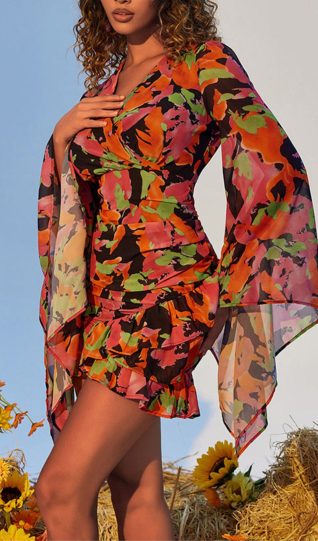 Printed Ruffle Mesh Dress Flowering Girl