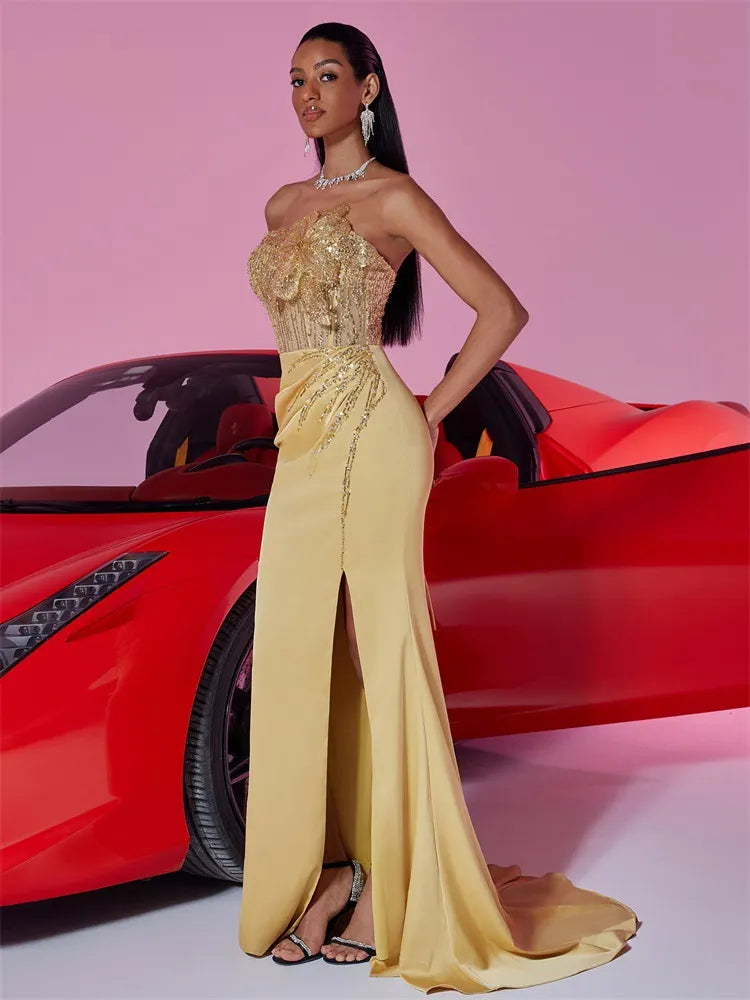 Mayson Gold Strapless Flower Sequin Gown Flowering Girl