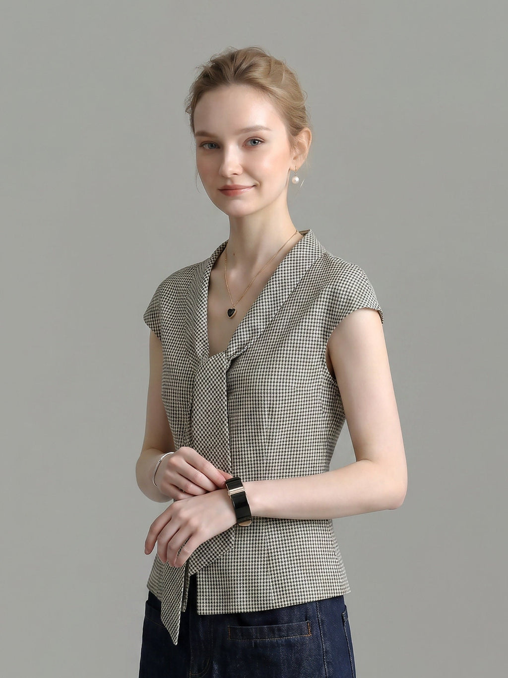Houndstooth Lapel Tie Neck Cap Sleeve Slim Blouse Flowering Girl