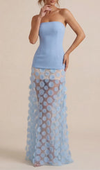 Keala Blue Strapless Mesh Maxi Dress Flowering Girl